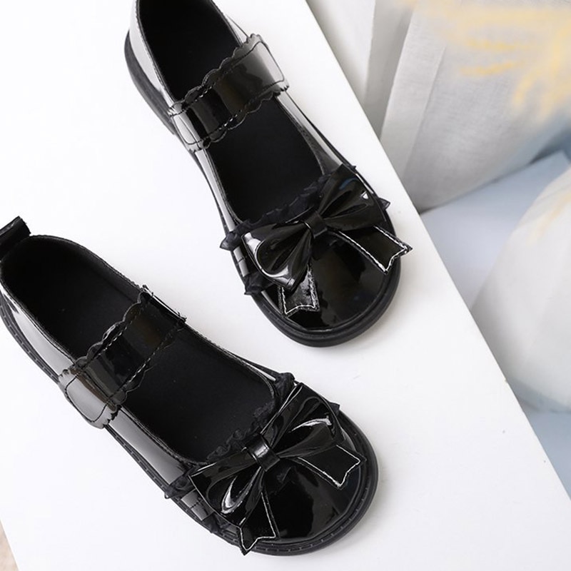 Lolita Schuhe Schmetterling Knoten Maria Janes Schuhe Für mädchen frauen Wohnungen Schwarz retro Flach Leder Schuhe Niedliche Prinzessin Schuhe 8600C: Patent Leder Schwarz / 36