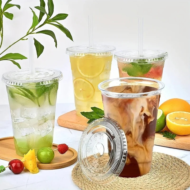 Engangs klare plastkopper med lokk til fruktjuice, melk, te, iskaffe, kalde drikker, iskrem, dessert, ta bort, festbruk