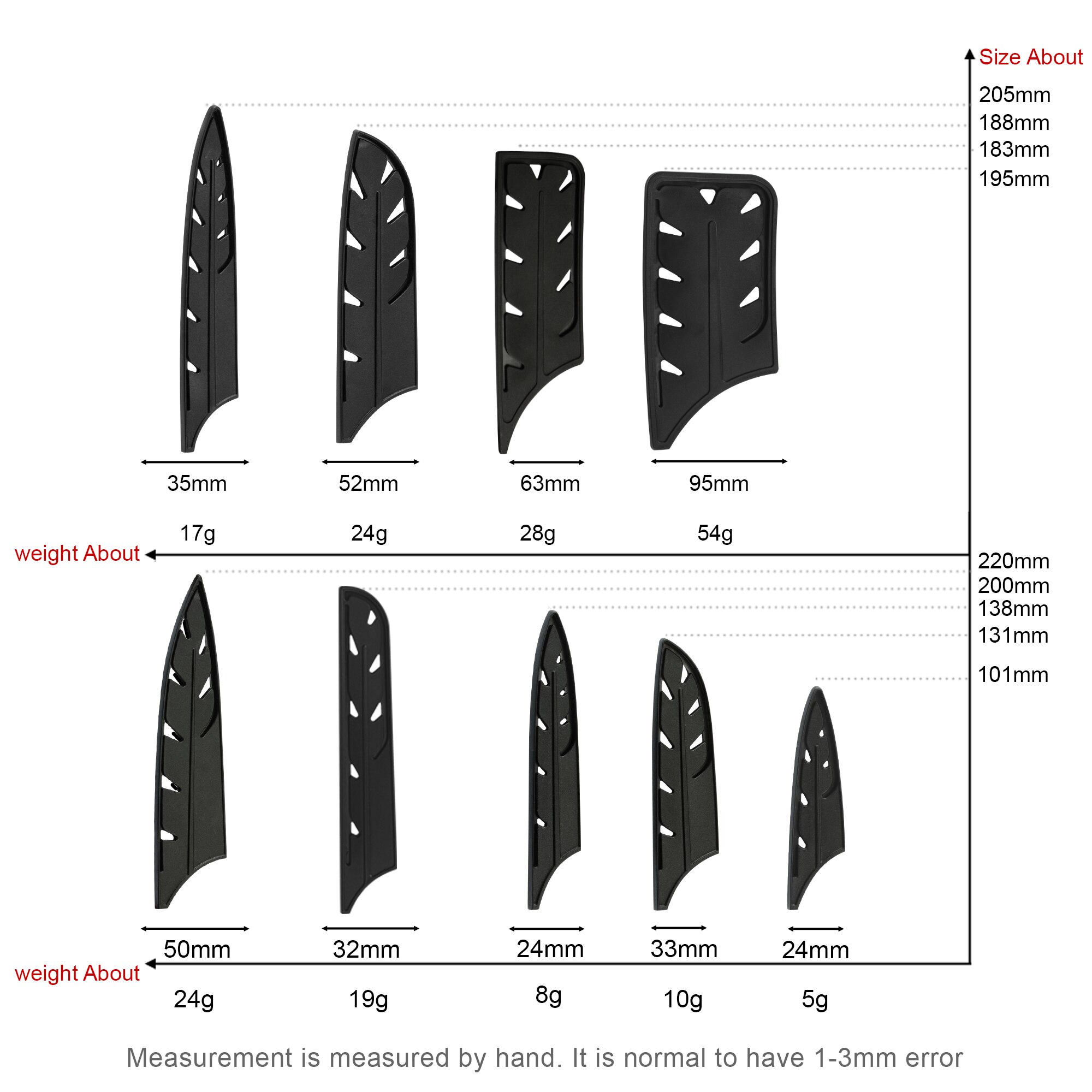 XYJ 9pcs Knife Cover Pp Plastic Black Feather Knife Sheath Utility Paring Santoku Nakiri Cleaver Bread Slicing Chef Knives