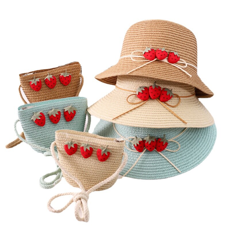 bonnet bebe fille Ensemble chapeau et sac en paille ondulé à la fraise pour fille, 2 pièces, accessoires de protection solaire pour enfants de 3 à 8 ans, printemps et été
