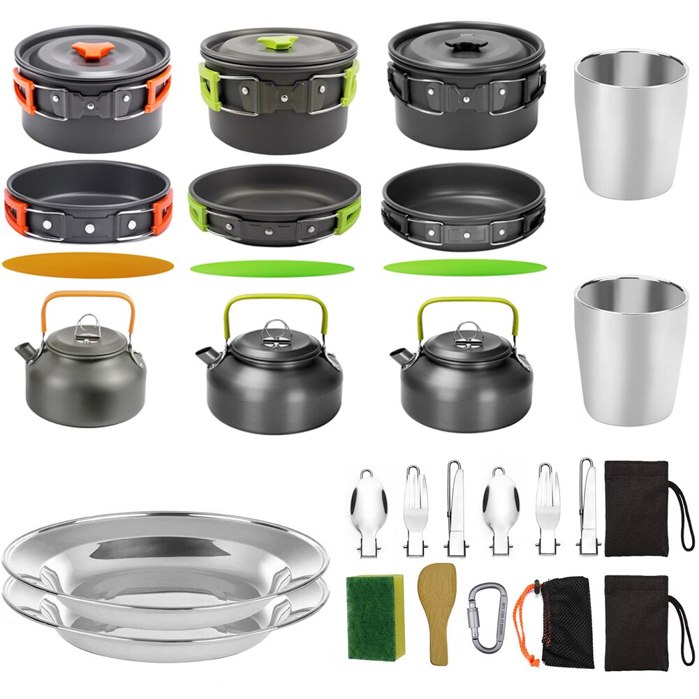 1 Set Outdoor Pots Pans Camping Barbecue Cookware Picnic Portable Lightweight Gear for Traveling Trekking Green set 20PCS