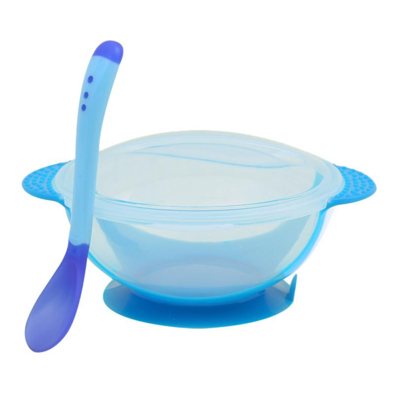 4 Colors Baby Feeding Tableware Toddler Training Bowl with temperature-sensitive Spoon bowl baby Feeding Accessories: Blue