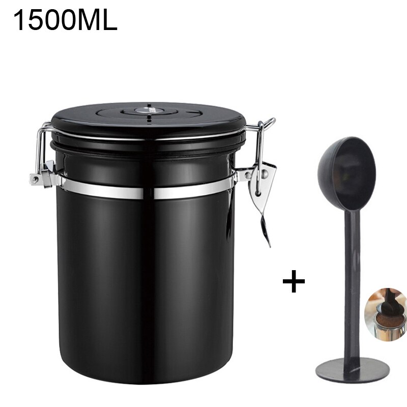 Stainless Steel 1500ml/1800ml Coffee Container - Coffee Beans Canister with co2 Valve: Black 1500ml