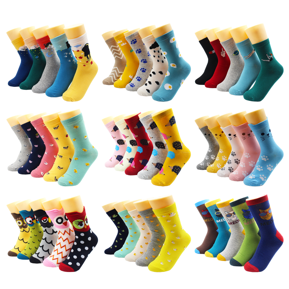 5 Pairs Harajuku Hip-Hop Animal Print Cotton Women Socks Korean Kawaii Cute Cartoon Cat Dog Duck Girl Socks