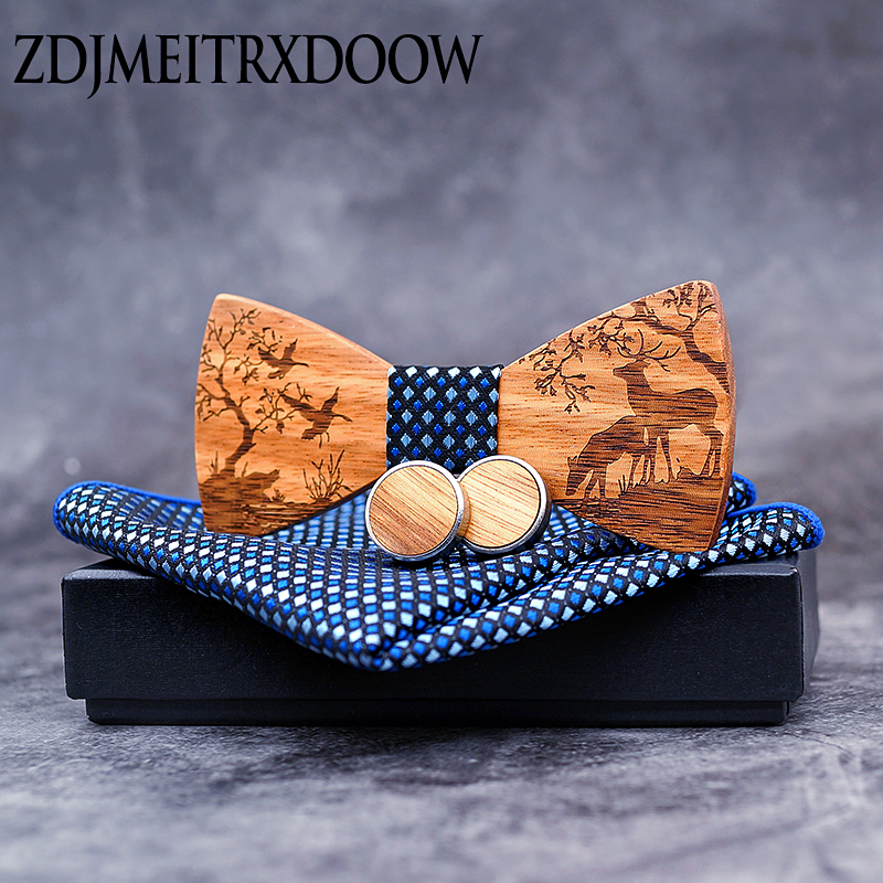 Conjunto de pajarita de madera + pañuelo + gemelos, pajaritas de madera Para el novio de boda, corbatas Para el hogar, bodas, alces de Navidad