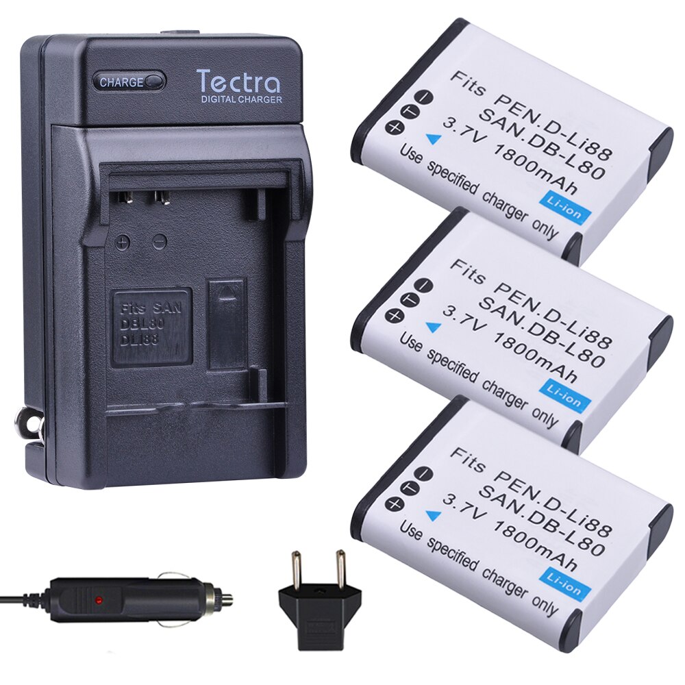 D-LI88 DLI88 DBL80 de batería de la cámara para Pentax Optio P70 P80 WS80 H80 H90 W90 negro caja-18 40C Box18 + Digital cargador de pared: 3battery and charger