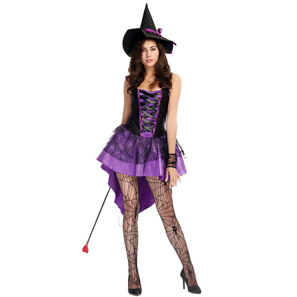Dames Heks Kostuum Halloween Carnaval Zwaluwstaart Die Met Hoed Violet Vrouwen Optredens Jurk
