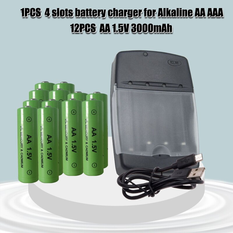 AA 1.5V Alkaline Rechargeable battery 3000mah +super quick 4slot AA/AAA charger can charge alkaline battery: 12 AA 1PCS charge