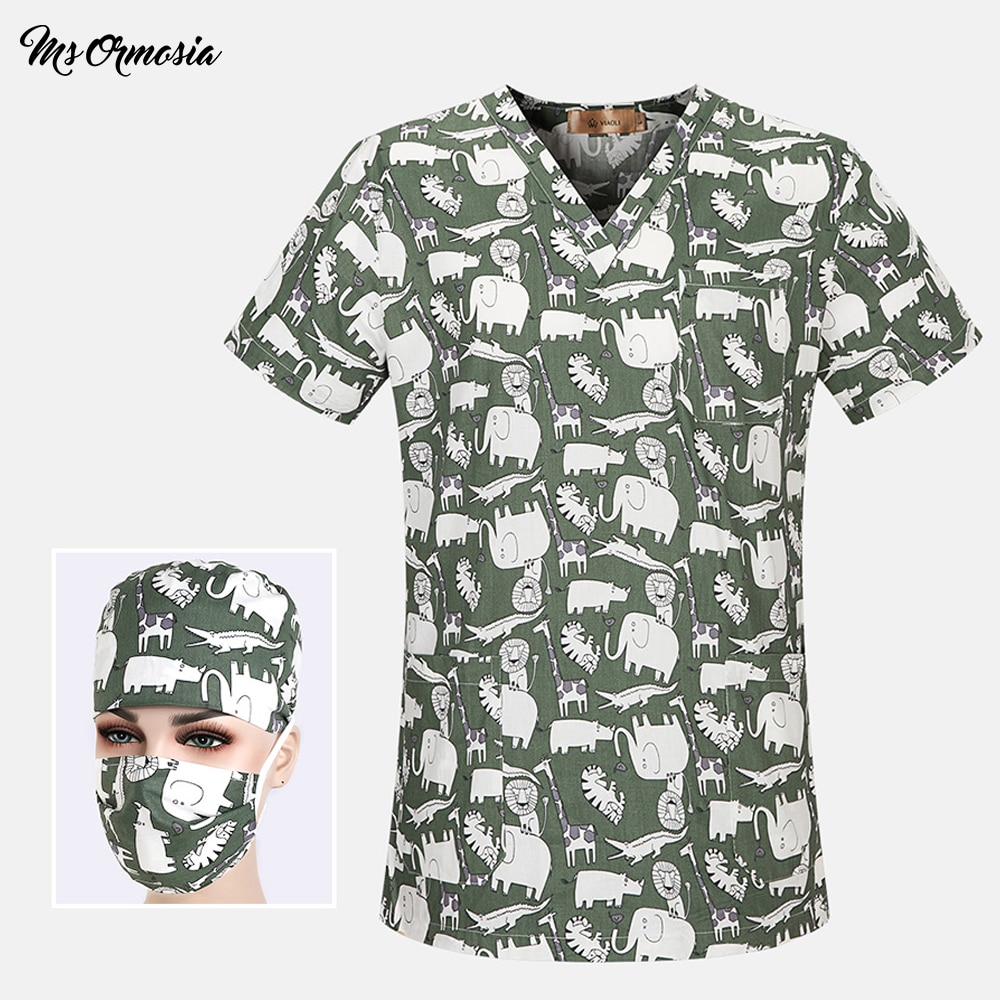 Unisex ren bomuld print komfortabel åndbar spa uniform scrub arbejdstøj top + justerbar tegneserie print scrub cap