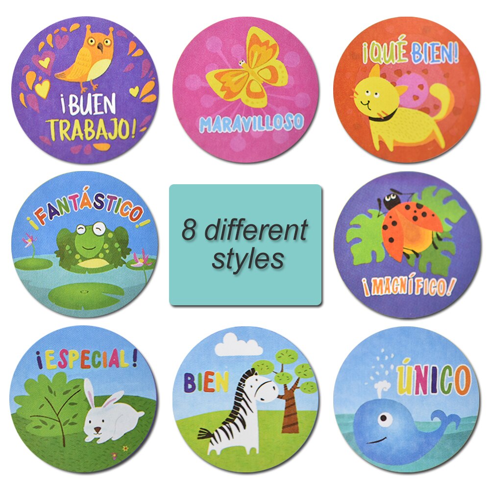 500pcs Spanish Reward Stickers Cute Animals Sticker Roll for Kids 1 inch Round Motivational Stickers for School Praise Kids