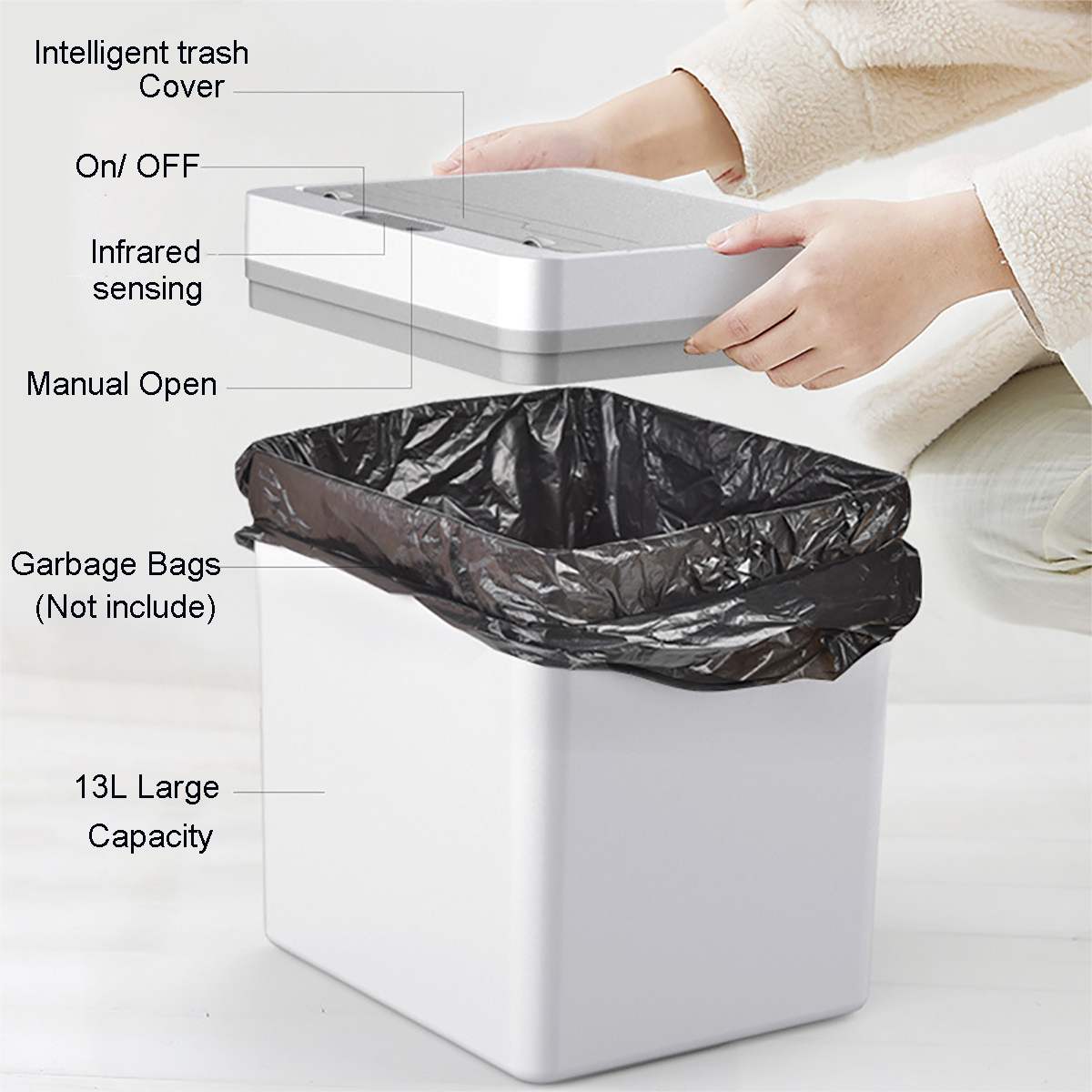 13L Induction Trash Can Automatic Touchless Infrared Intelligent Motion Sensor Waste Bin USB Rechargeable Household Trash Can