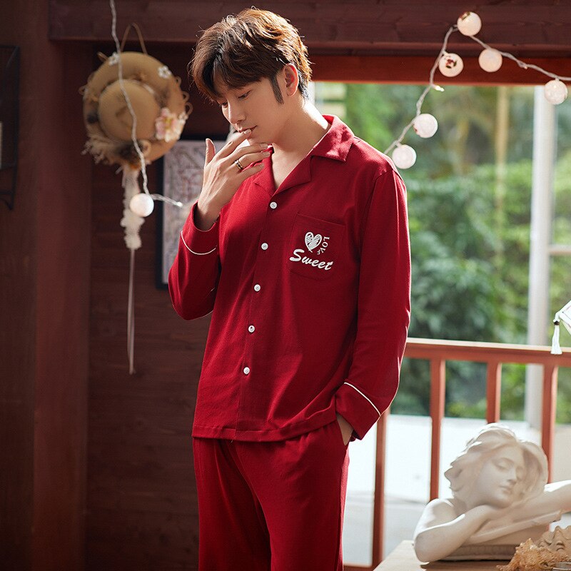 XIFER Autumn Winter Cotton Couple Pajamas Men Women Cotton Long-sleeved Red Wedding Homewear Large Size Love Pattern Pajamas Set: Mr / XXL