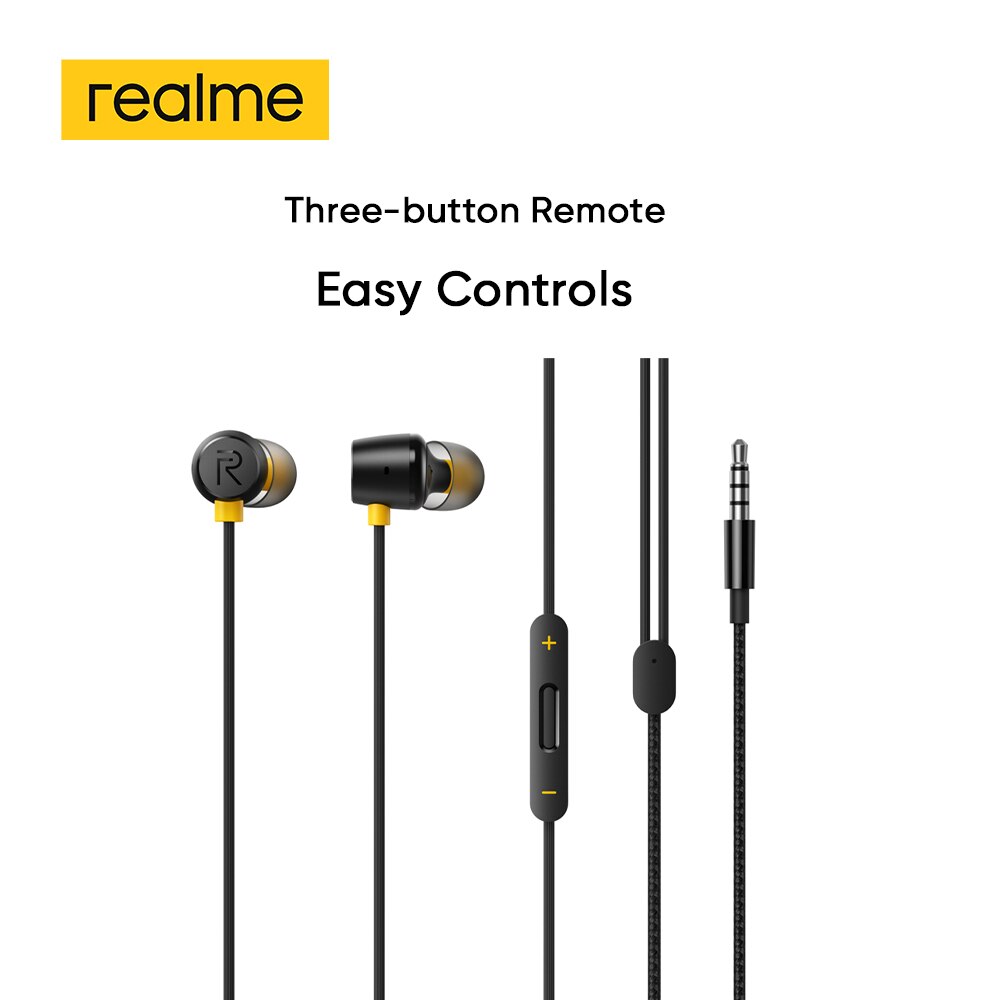 Realme buds 2 zwart bedraad -3.5mm oordopjes 3-- knops afstandsbediening met microfoon ingebouwde magneten klitvrije android-telefoon realme 6 pro