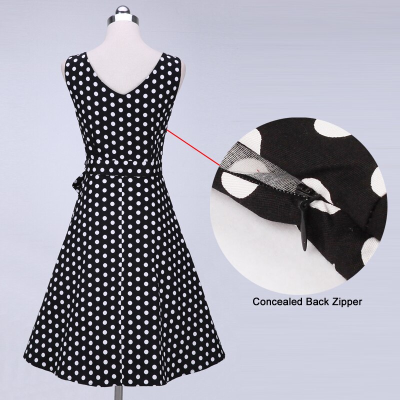 Tonval czerwony Rockabilly V-z powrotem Polka Dot Retro sukienka w stylu Vintage kobiety lato bez rękawów z paskiem bawełniane biuro linia sukienki
