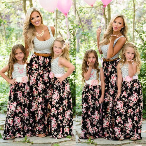 Mother Matching Clothes Formal Mom Parent Long Dress Outfits Summer Sleeveless Patchwork Floral Dresses