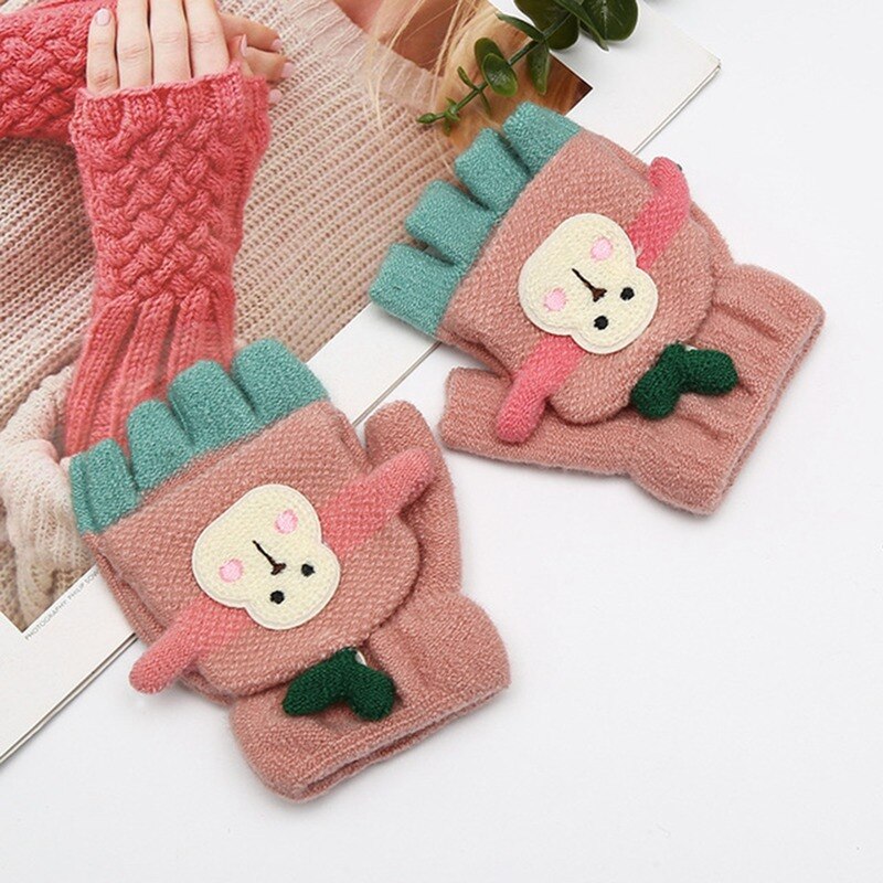 Cartoon Baby Gloves Boy Girl Winter Knitted Gloves Warm Convertible Flip Top Fingerless Mittens Gloves for Children Toddler Kid