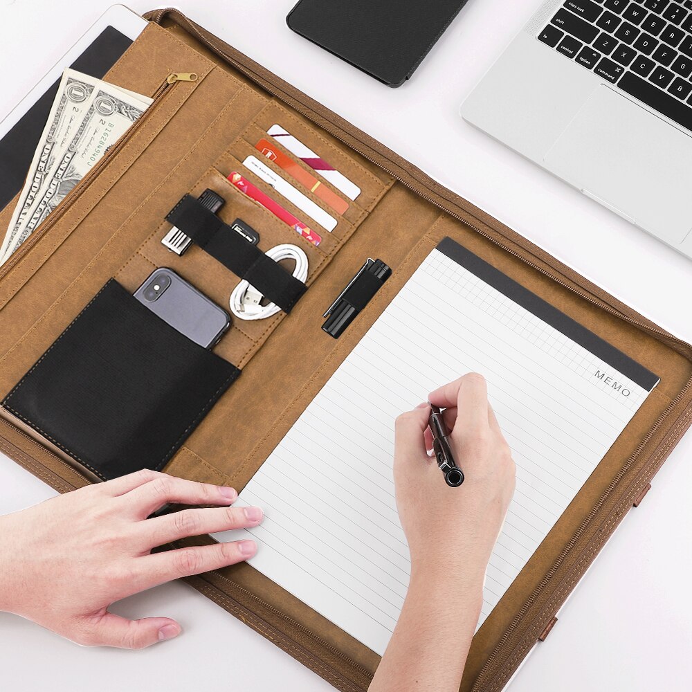 Leather Padfolio Portfolio Folder with Handle, Business Portfolio Organizer with 11 Inch Tablet Sleeve for iPhone