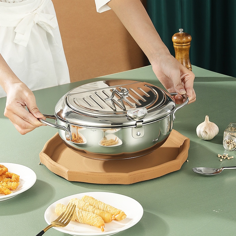 Deep Frying Pot Thermometre Tempura Fryer Pan Temperature Control Fried Chicken Pot Cooking Tools Stainless Steel Kitchen Tool