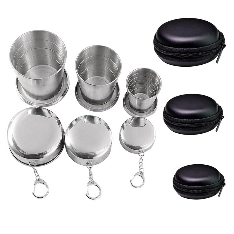Taza plegable de acero inoxidable con llavero, vasos plegables telescópicos retráctiles portátiles, taza para beber agua para exteriores