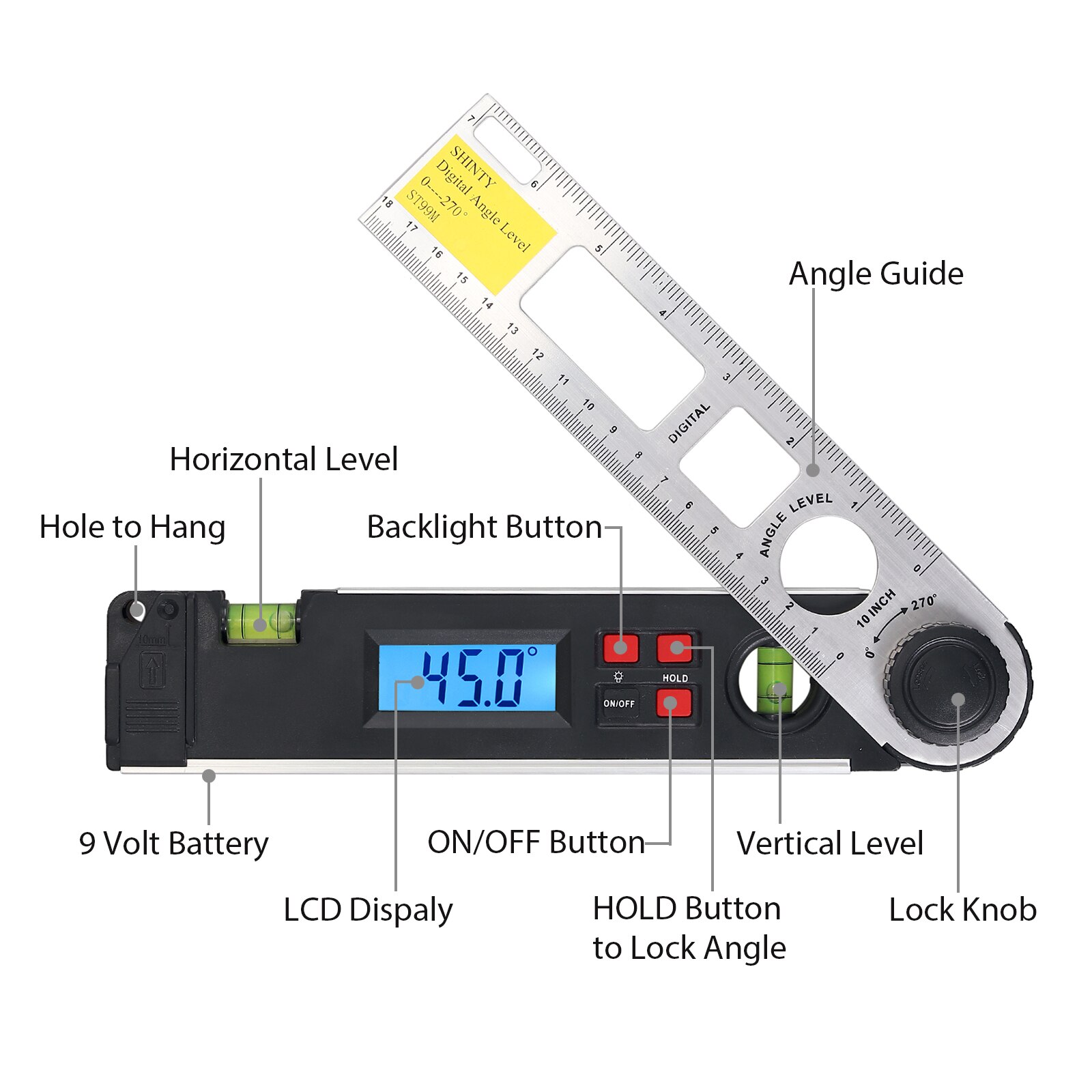 Neoteck-inclinómetro Digital de 0-270 grados, medidor de ángulo de nivel con burbuja de nivel, 25,5 cm