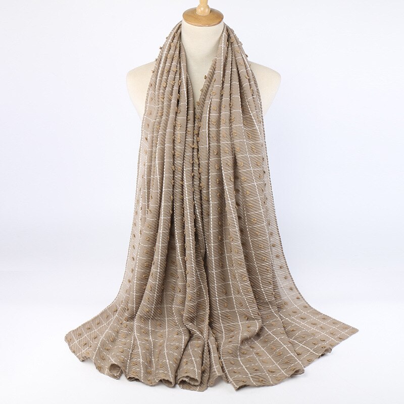 Kvinder fuld plisseret crush bomuldstørklæde muslimske hijabs sjaler tern stribede plaider fuzzy ball shawl hovedtørklæde wraps tudung tørklæder: 3 khaki