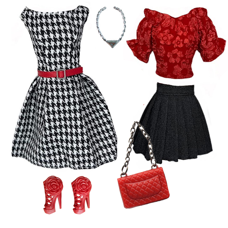 1 conjunto boneca roupas 1:6 escala vestido roupa para 11.5 polegada 30cm boneca vestido floral preto com chapéu vermelho e sapatos para meninas brinquedo presente: Branco