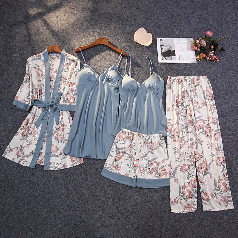 Lady Print Bloem Nighty & Robe Pak Nachtkleding Zijdeachtig Satijn Nachtkleding Kimono Badjas Gown Casual Nachtjapon Thuis Kleding