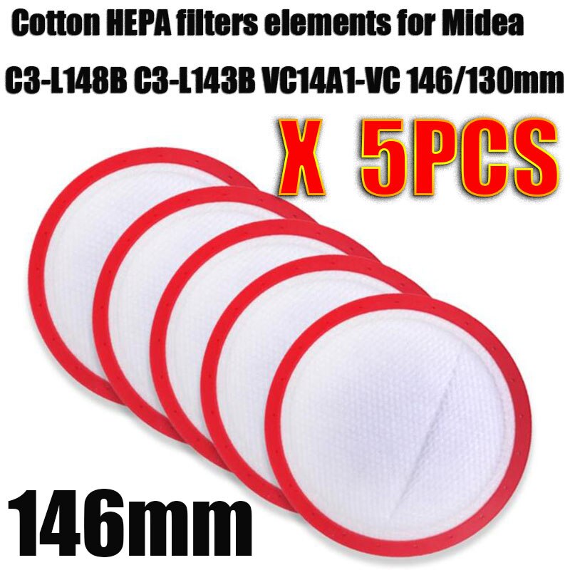 Replacement Washable Vacuum Cleaner Round HV Filter Cotton HEPA filters elements for Midea C3-L148B C3-L143B VC14A1-VC 146/130mm: 146mm 5pcs