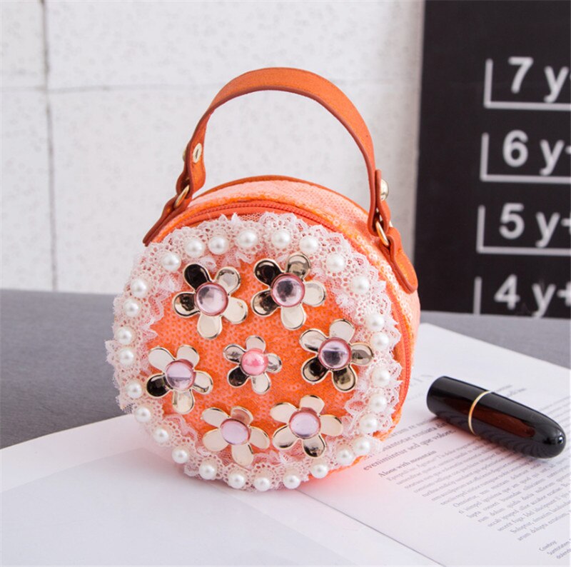 ¡Novedad! Minibolso brillante para niños, bolso de hombro impermeable de PU con flor, bandolera plateada de , bolso de de cumpleaños para niños.: orange