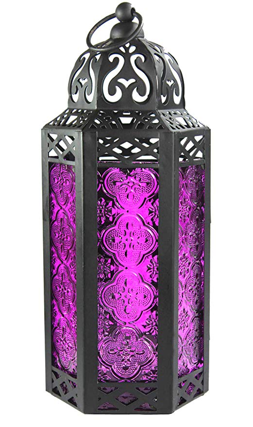 Support de lampe bougie en verre, 11.5 pouces, lanterne photophorique en métal, pièce centrale, décoration de jardin ou de Patio, de Style marocain: Purple