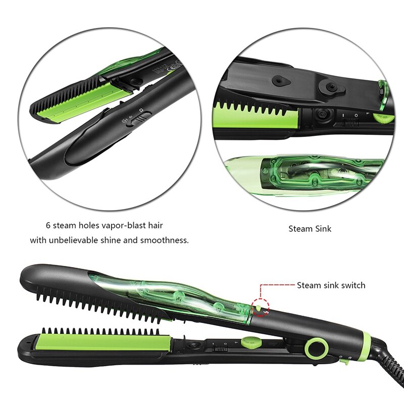 Ceramic Steam Hair Straightener, 110-240V, with 6 Automatic Steam Holes Negative Ions for Dry & Wet Hair EU Plug