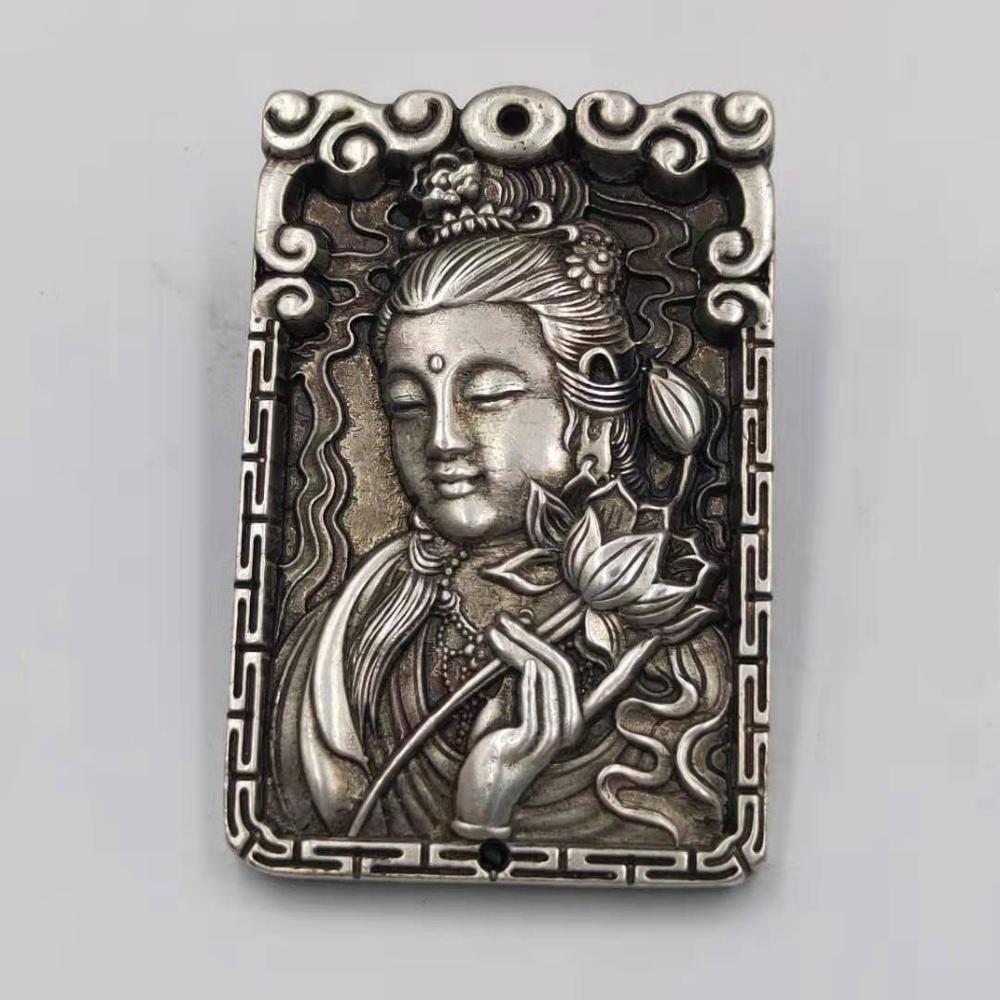 China Collectible Oude miao silver carving Guanyin bodhisattva Kwan-yin Boeddha metalen ambachten hanger ketting
