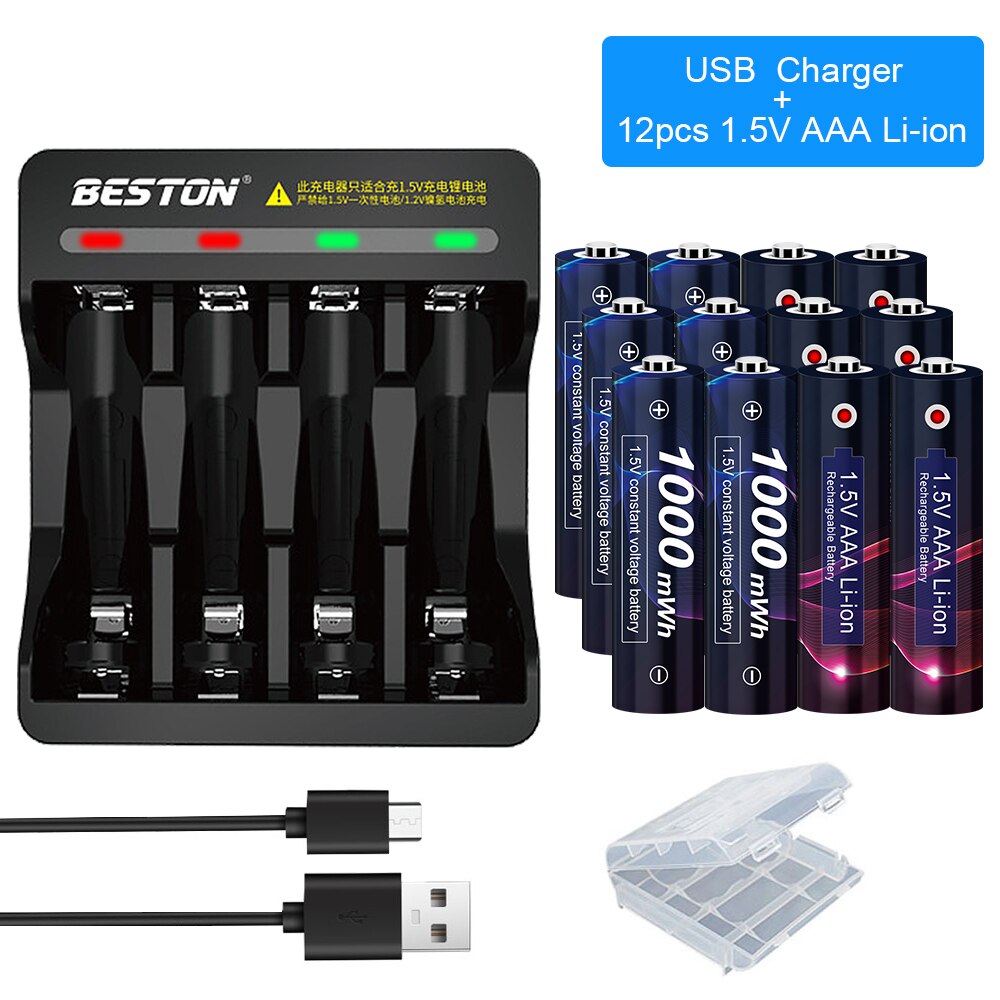 1.5V Aaa Lithium Li-Ion Oplaadbare Batterij 1000mWh 3A Oplaadbare Batterijen Aaa 1.5V Voor Zaklamp Klok Muis Batterijen Aaa: 12AAA and charger