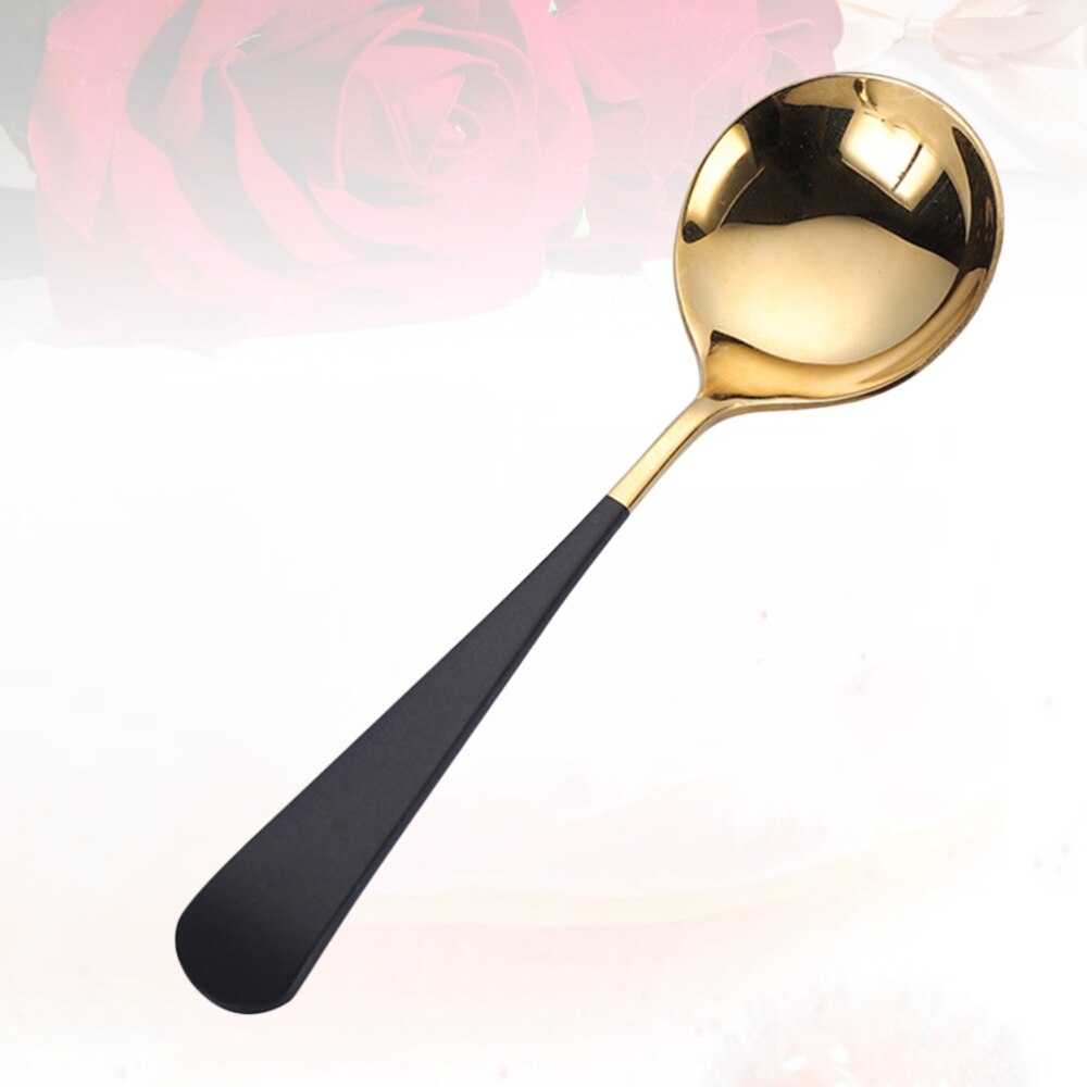 3pcs Silver 304 Stainless Steel Spoon Dessert Serving Spoon Tableware Round Spoon for Home Restaurant: Black Golden