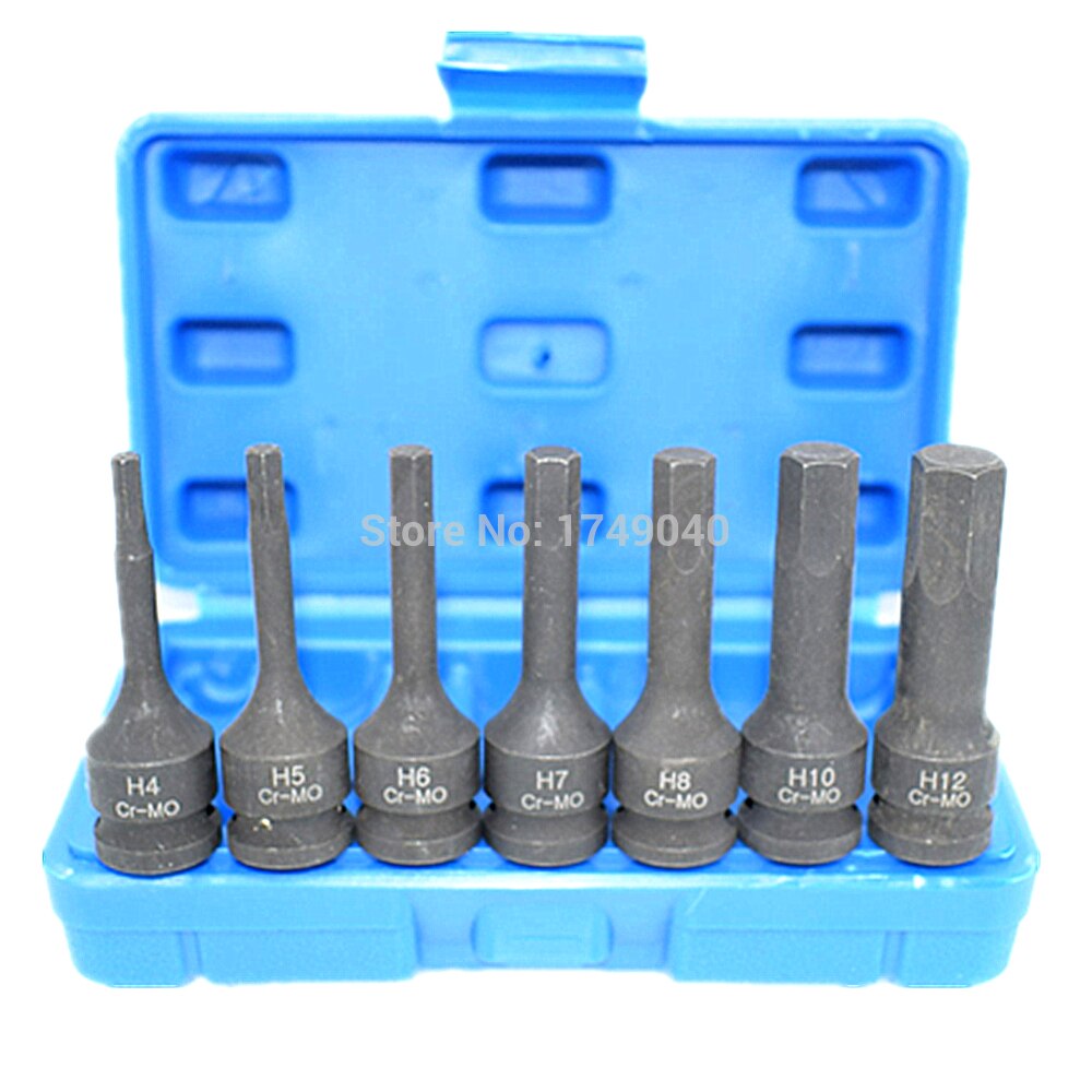 7pc slag zeskant bit doppenset 3/8 " vierkante aandrijving lucht impact inbussleutel bit dop cr -mo 60mm lange zeskantkop  h4 h5 h6 h7 h8 h10 h12