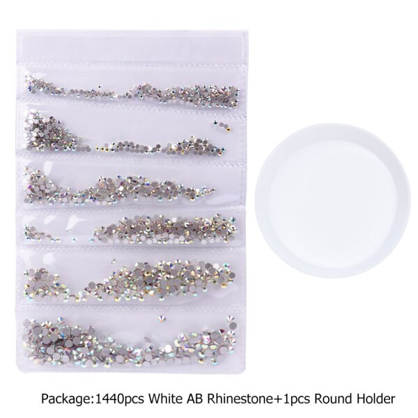 1440 stk ab hvide negle rhinestones sat flad tilbage negle strass krystal sten 3d nail art dekoration tilbehør værktøj  la880: 31- runde holder