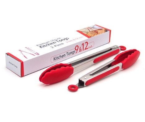 Kitchen Silicone Food Tongs 2 pack 9 Inch & 12 Inch Non-Slip Non-Stick BBQ Grilling Tong Cooking Tong with Joint Lock: Red