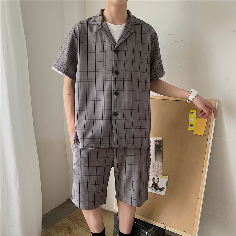 Summer Short-sleeved Shorts Suit Men's Korean Loose Business Casual Plaid Suit Men's Harajuku Streetwear Formal Suit Men