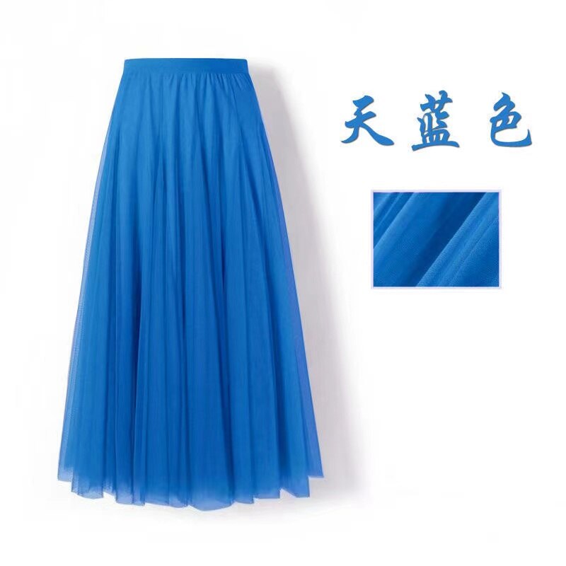 Spring Mesh Purple High Waist Skrit for Women 2022 Slim Fit Pleated Mid-length Skirt Female Faldas: Blue