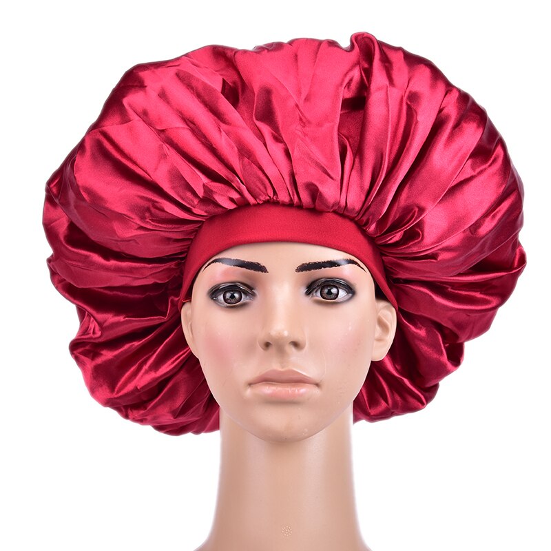 1PC Super Giant Sleep Cap Waterproof Shower Caps Female Hair Care Large Satin Silk Bonnet Luxurious Fabric Sleep Cap: wine red