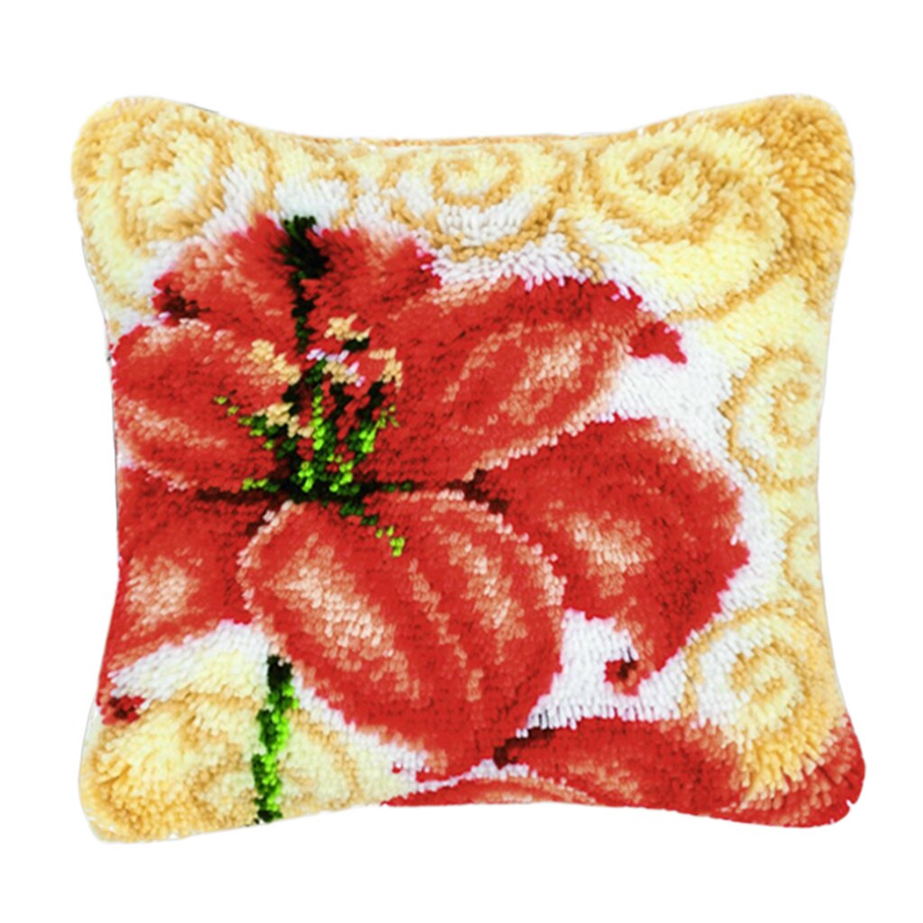 1 Set Decorative Flower Latch Hook Kits Embroidery Pillow Case Cushion Cover: Red Flower