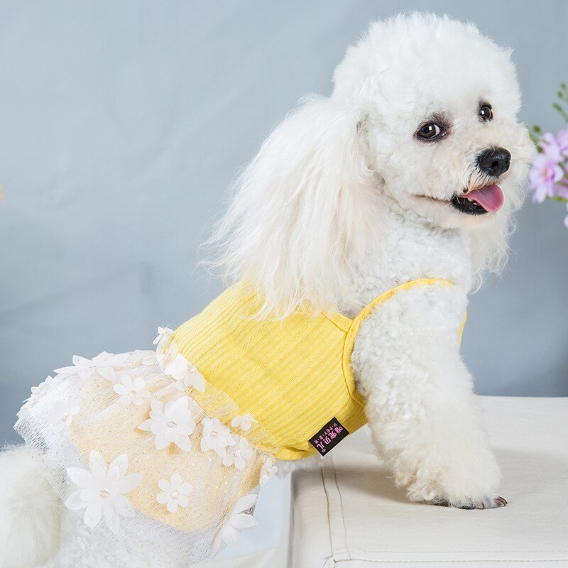 Vestidos de princesa para perro y niña pequeña, falda con tirantes para mascotas, tutú fino de lujo con encaje de flores para cachorros y gatos, Primavera/Verano: yellow / L