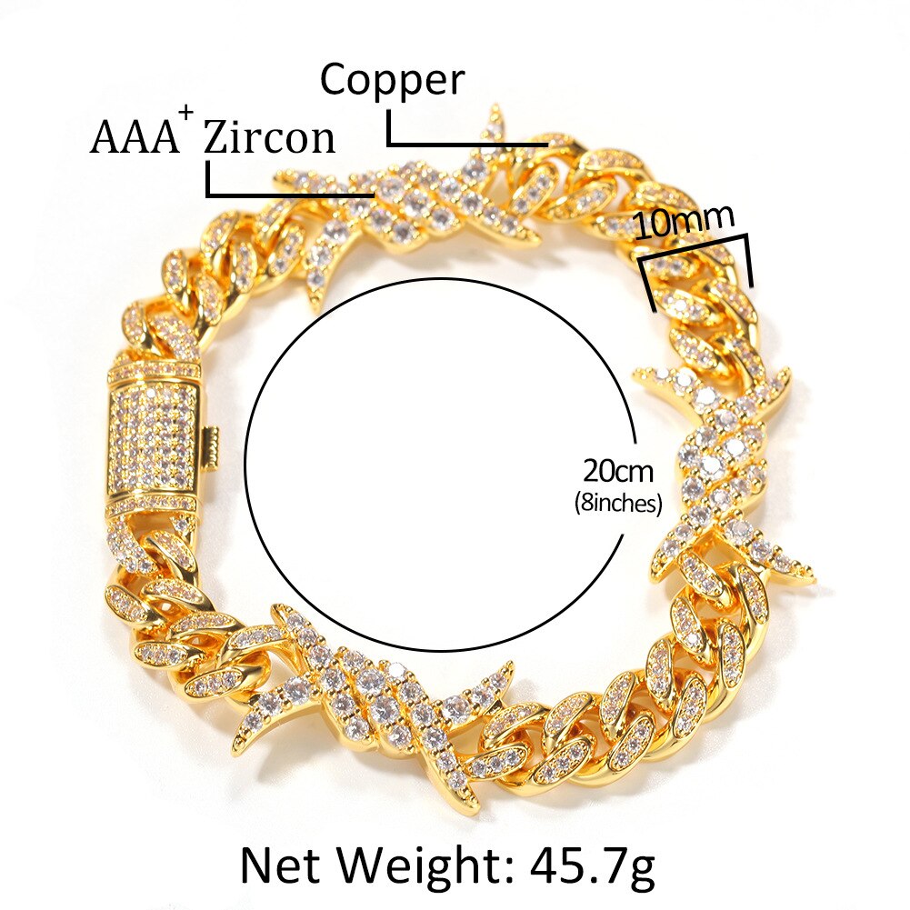 Hip Hop Mannen Gouden Kleur Draad Chain Zirkoon Cubaanse Ketting Ijs Uit Cubaanse Jewerly Crystal Miami Braclete Chain Hip Hop voor Mannen: Goud-kleur