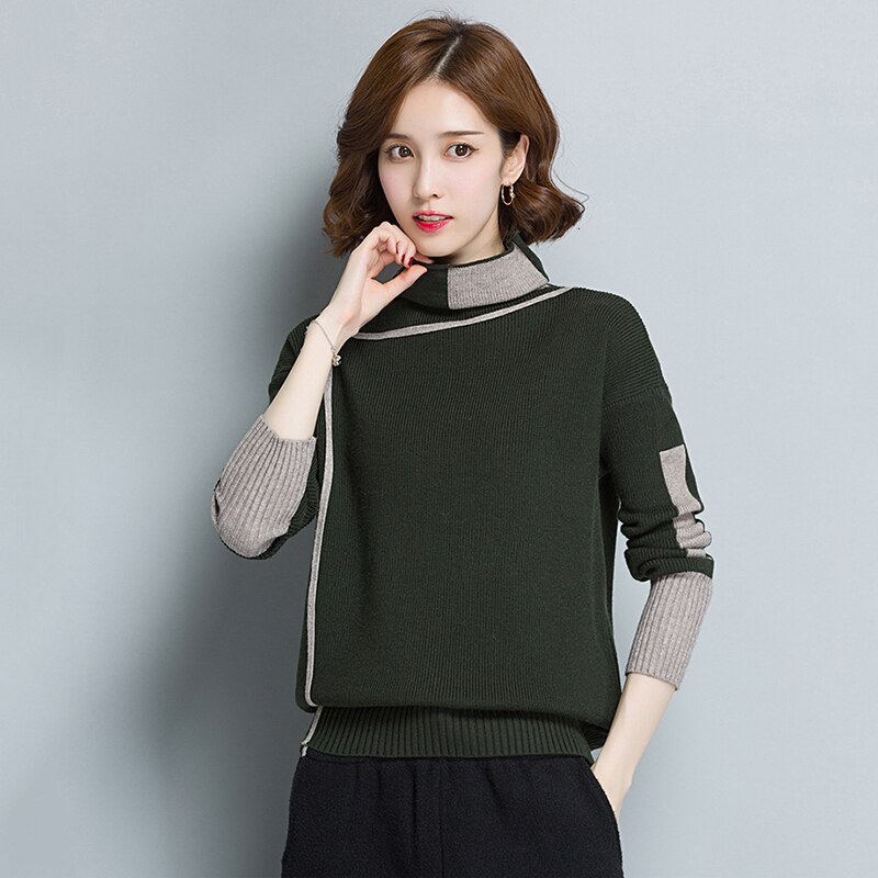 Vrouwen Geel Coltrui Winter Patchwork Trui Lange Mouw Gebreide Warme Dikke Truien En Pullovers Vrouwelijke Jumper Tricot Tops
