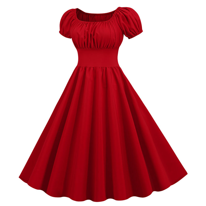 Women Vintage Dress Robe Party Casual Office Midi Dress Femme Summer Puff Sleeve Square Collar Solid Red