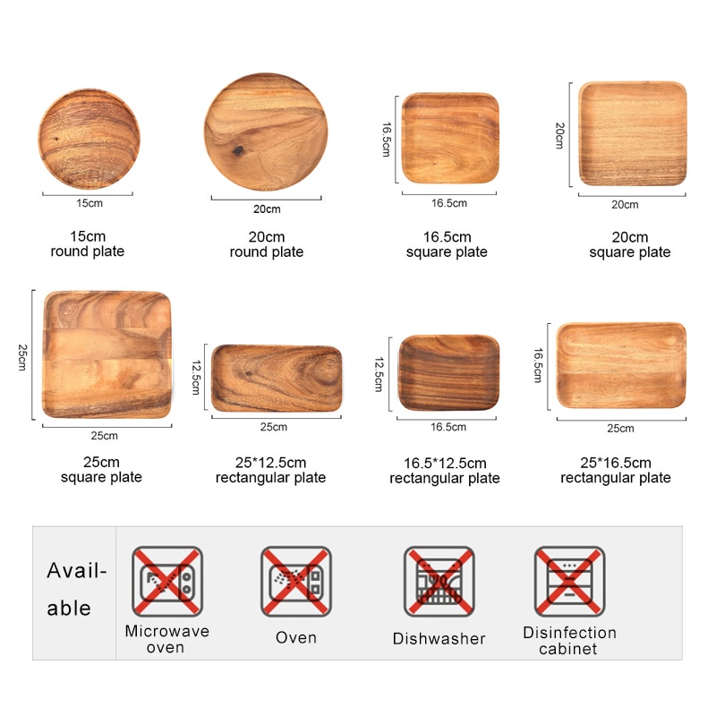 Wooden Tray Dinner Plate Acacia Food Dessert Tea Plate Round Square Rectangle