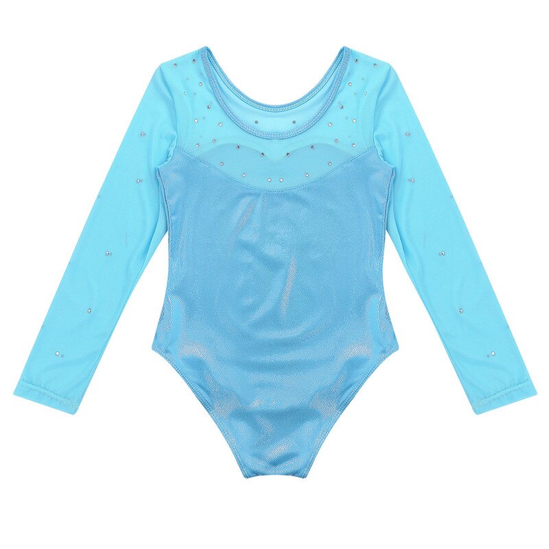 Strass barn flickor gymnastik trikå långa ärmar gnistrande snöflinga tyll skarv balett dans trikå jumpsuit bodysuits