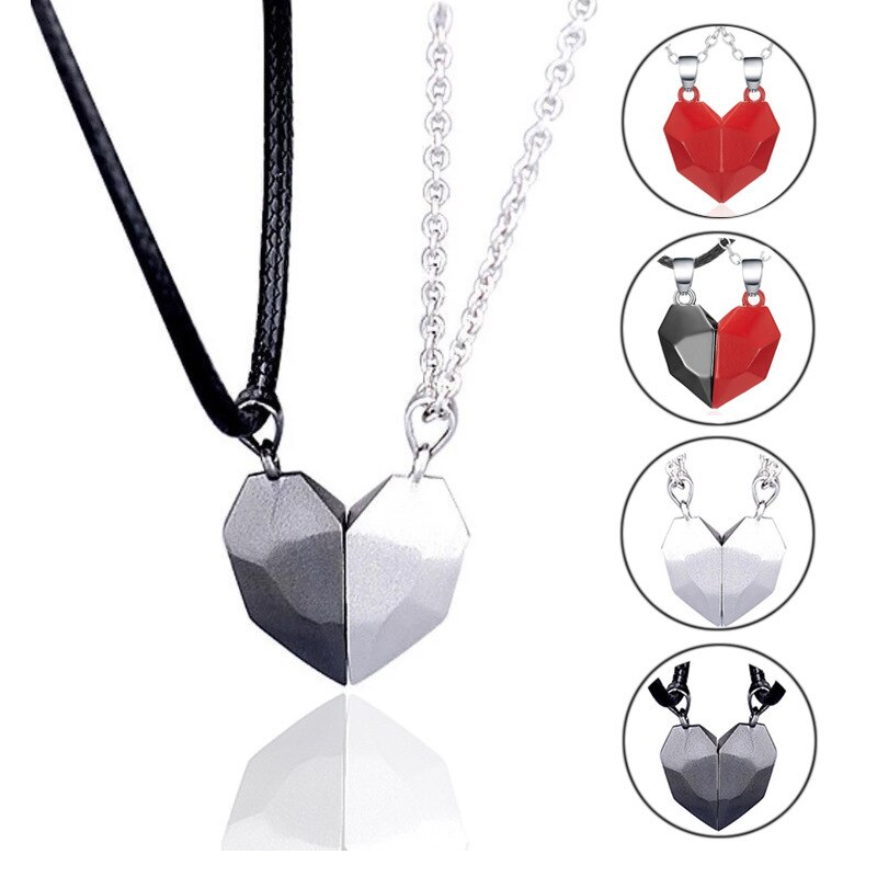 2Pcs Magnetic Couple Necklace Lovers Heart Pendant Distance Faceted Charm Necklace Women Men Valentine's Day Jewelry