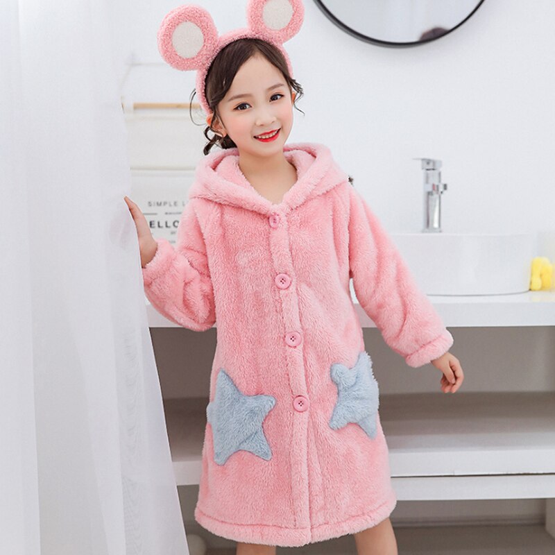 Vinter bebis pyjamas morgonrock tecknad hoodies flicka pojkar nattkläder badhanddukar barn mjuk morgonrock pyjamas #39: Rosa / 120 cm