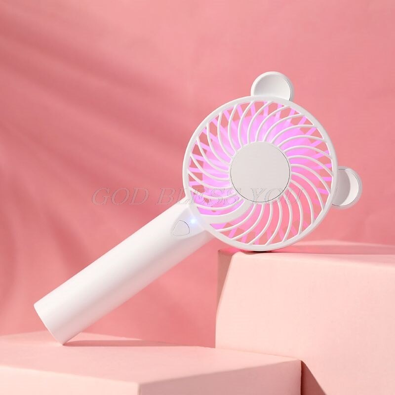 Cute Bear Cartoon Handheld USB Rechargeable Fan With LED Light Cooler Portable 3 Speed Adjustable Desktop Cooling Fan